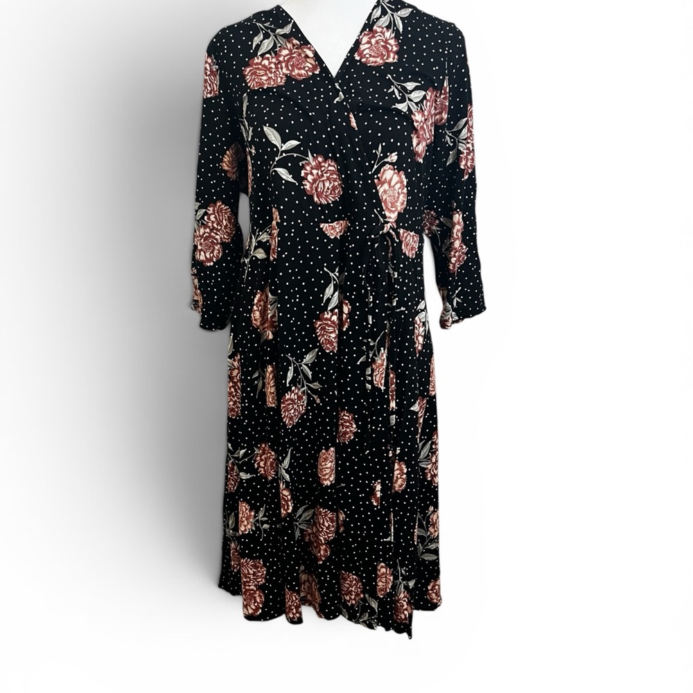 torrid Black Midi Dress with Rose Floral & Polka Dot Print